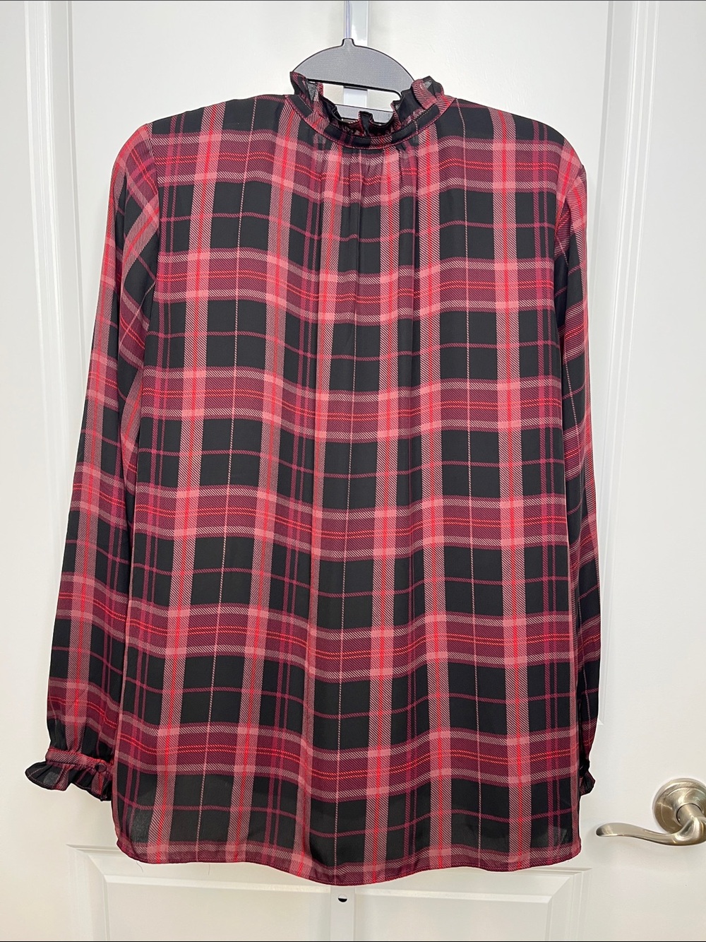 Ann Taylor Factory Red and Black Plaid Ruffle-Neck Blouse